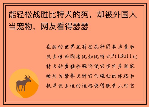 能轻松战胜比特犬的狗，却被外国人当宠物，网友看得瑟瑟